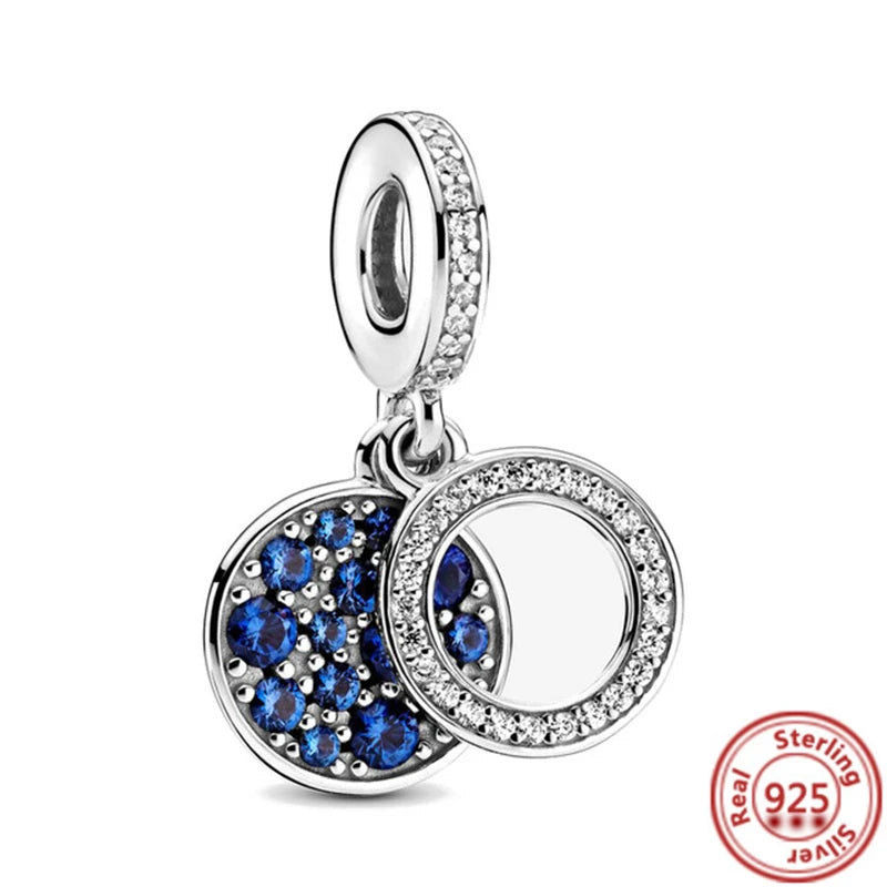 925 Sterling Silver Blue Zircon Feather Crown Stars Moon Charm Beads for Bracelet Y169 3mm-4mm
