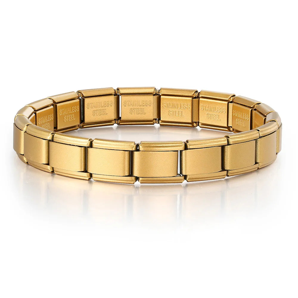 Elegant Gold-Tone Unisex Charm Bracelet Italian Link Stainless Steel 9mm