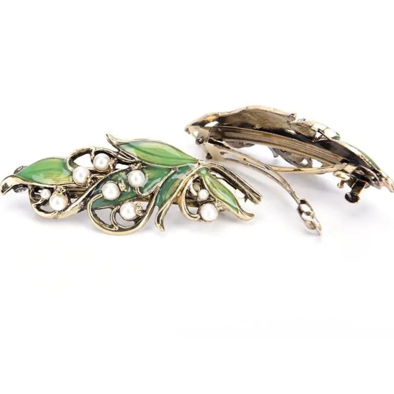 Fashion Women Retro Enamel Leaf Hair Clip with Pearl and Ancient Bronze Alloy Design