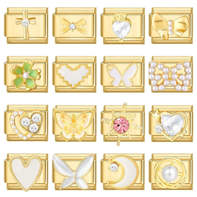 Golden 3D Bow Crown Flowers Pearl Charms for 9mm Italian Bracelet Stainless Steel DIY Jewelry