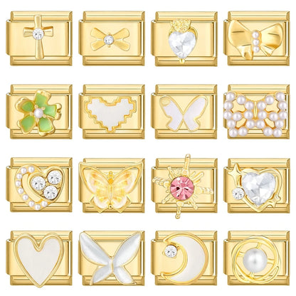 Golden 3D Bow Crown Flowers Pearl Charms for 9mm Italian Bracelet Stainless Steel DIY Jewelry