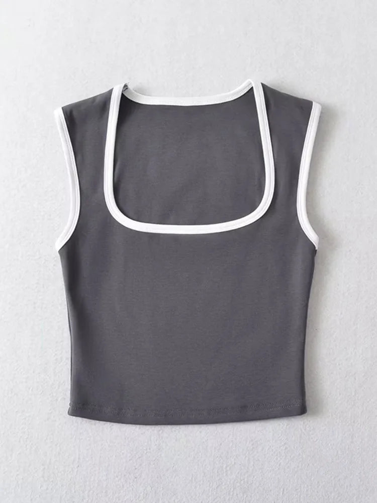 Woman Fashion Slim Solid Contrust Camis Casual Sleeveless Tanks Square Collar Crop Tops Clothing Streetwear Mujer 2024 Y2k