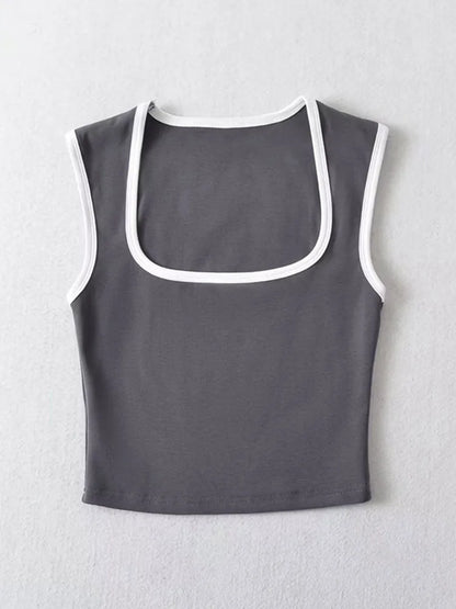 Woman Fashion Slim Solid Contrust Camis Casual Sleeveless Tanks Square Collar Crop Tops Clothing Streetwear Mujer 2024 Y2k