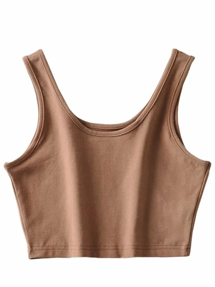 Sexy Women Summer Sleeveless Cotton Knit Crop Top U Collar