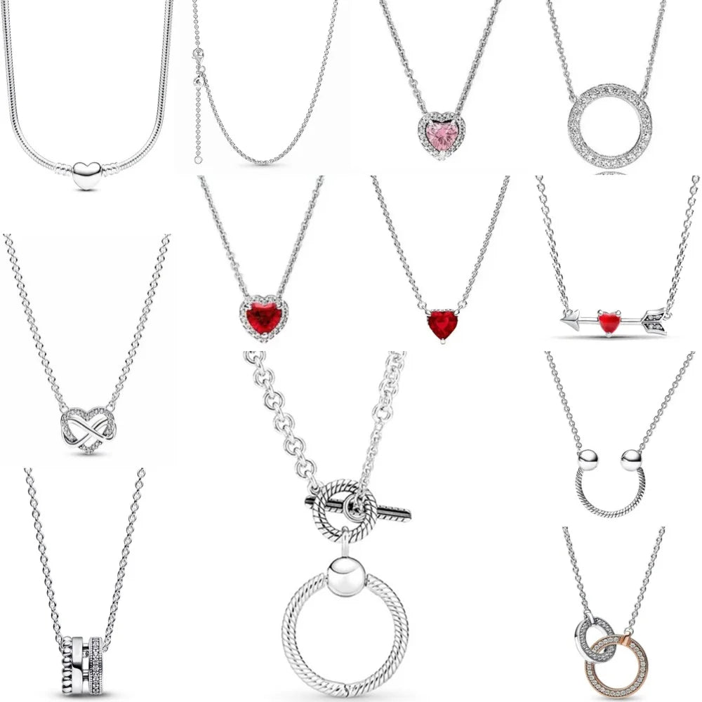 2025 European 925 Silver Pink and Red Heart-Shaped Necklace for Elegant Women