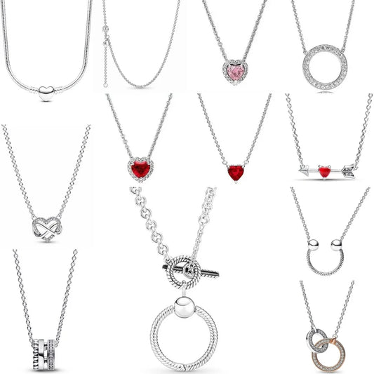 2025 European 925 Silver Pink and Red Heart-Shaped Necklace for Elegant Women