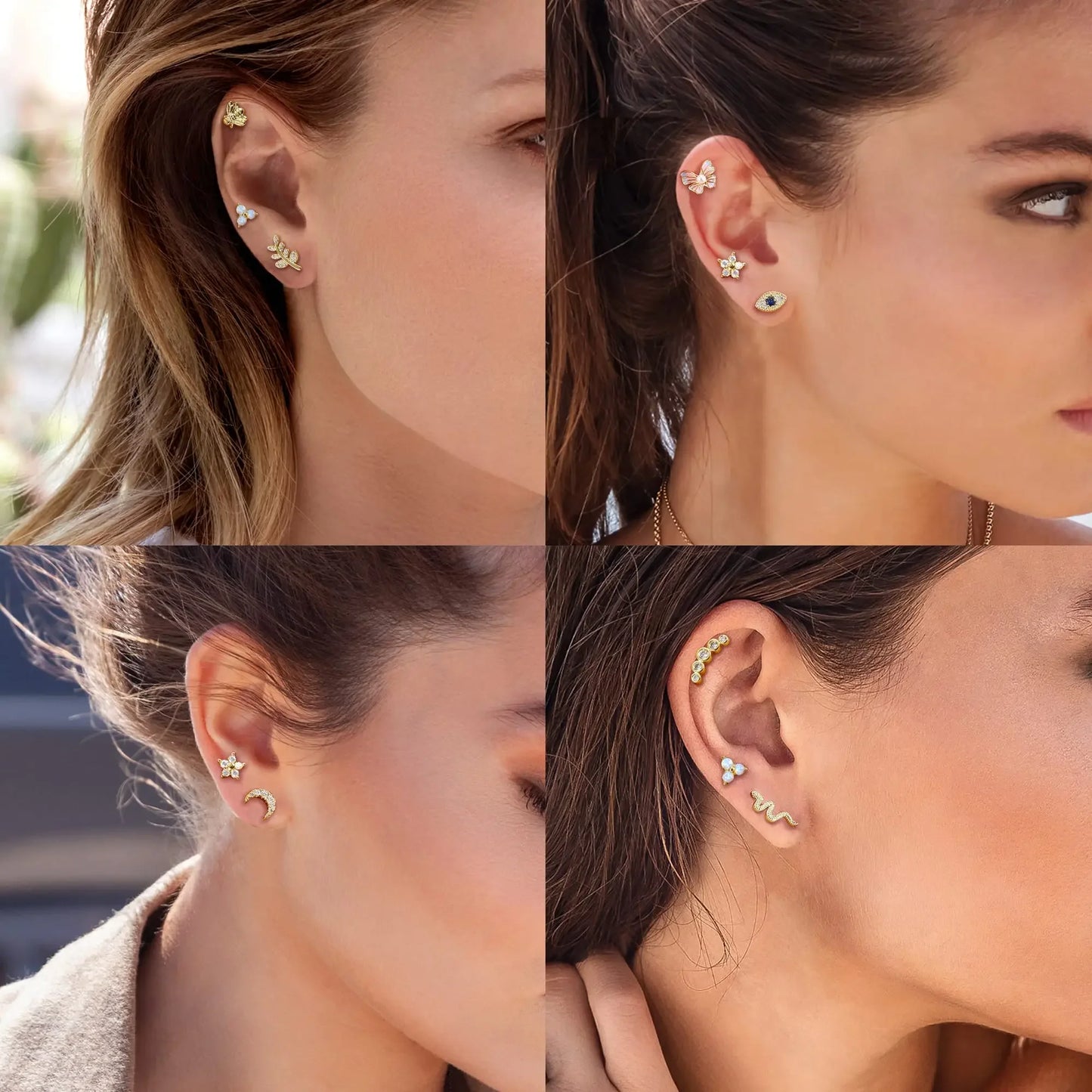 Drperfect 16G Gold Stainless Steel Cartilage Earrings for Women with Flat Back Butterfly Moon Flower Design