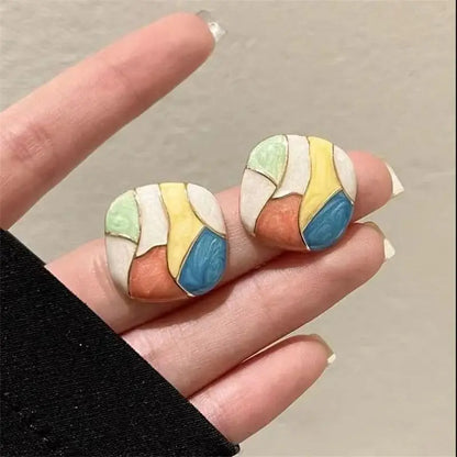 Pink Blue Grid Enamel Square Stud Earrings for Women Colorful Geometric Bohemian Fashion Jewelry