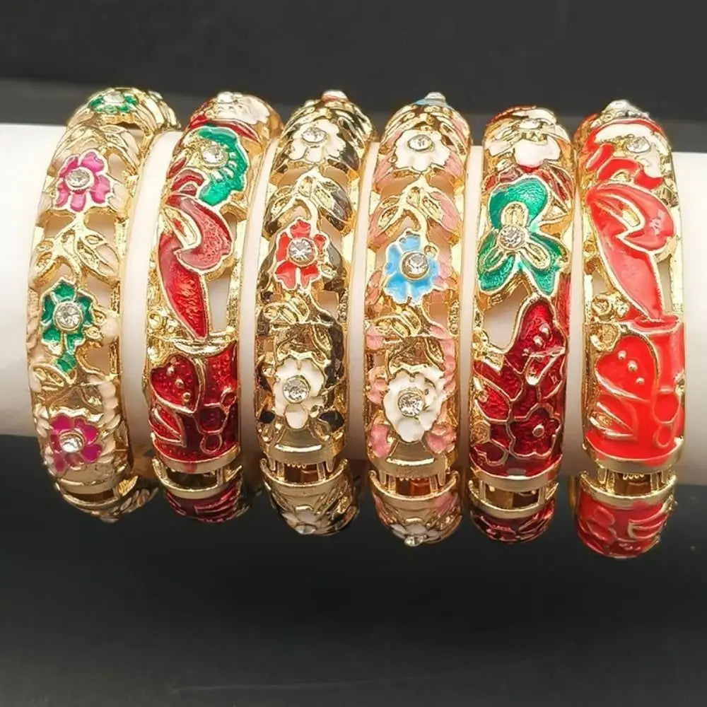 Vintage Chinese Cloisonne Peony Enamel Bangle Set for Women