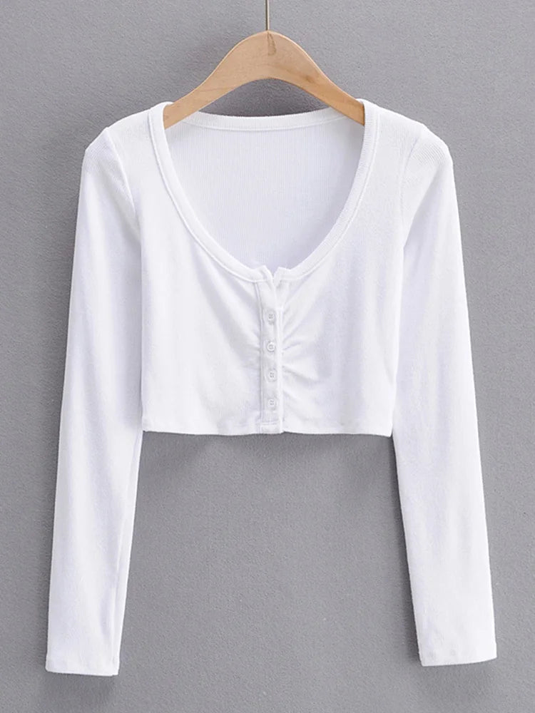 Slim V Neck Long Sleeve Cardigan Top For Women Open Navel