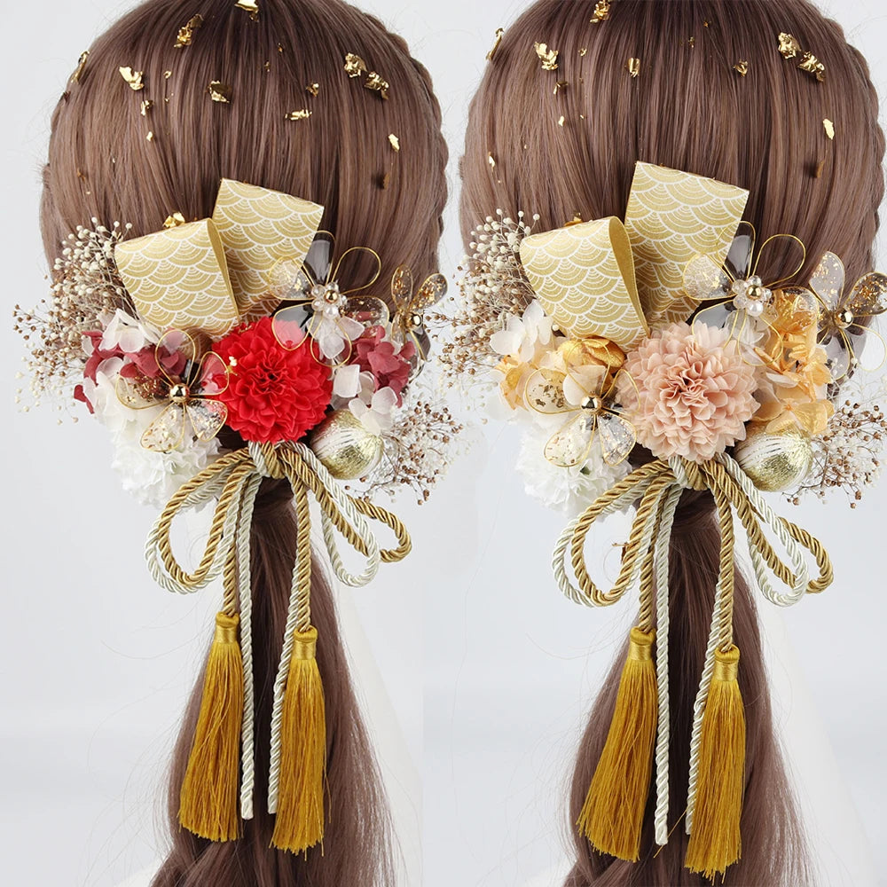 Japanese Handmade Fabric Flower Kimono Hairpin with Tassel for Weddings and Festivals