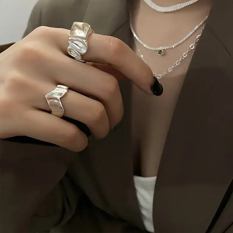 Real 925 Sterling Silver Wave Stone Adjustable Ring Jewelry
