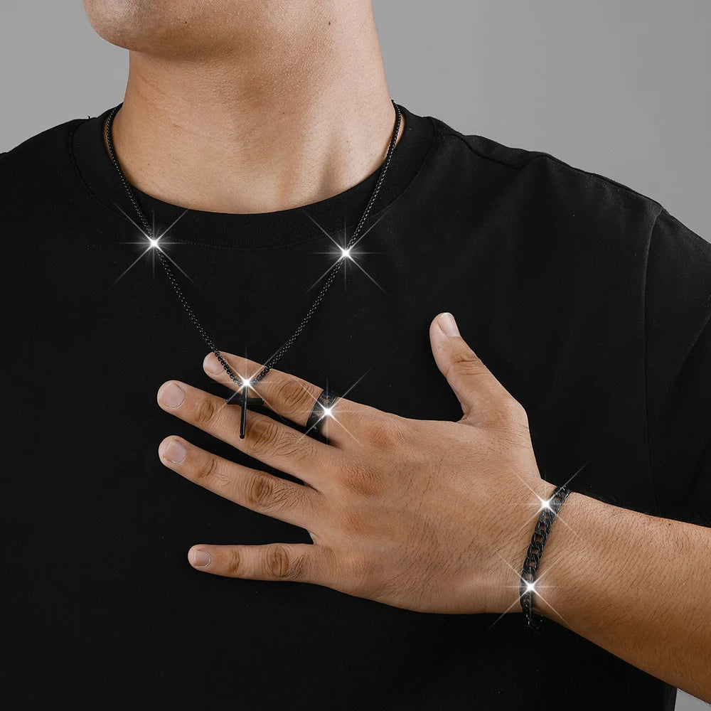 Men's Stylish Black Stainless Steel Cross Necklace, Ring, and Bracelet Set - Non-Fading Jewelry for Weddings and Parties