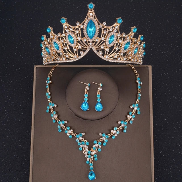 Baroque Crystal Tiara & Crown Jewelry Set - Top-Rated Rhinestone Bridal Accessories Lake Blue 1