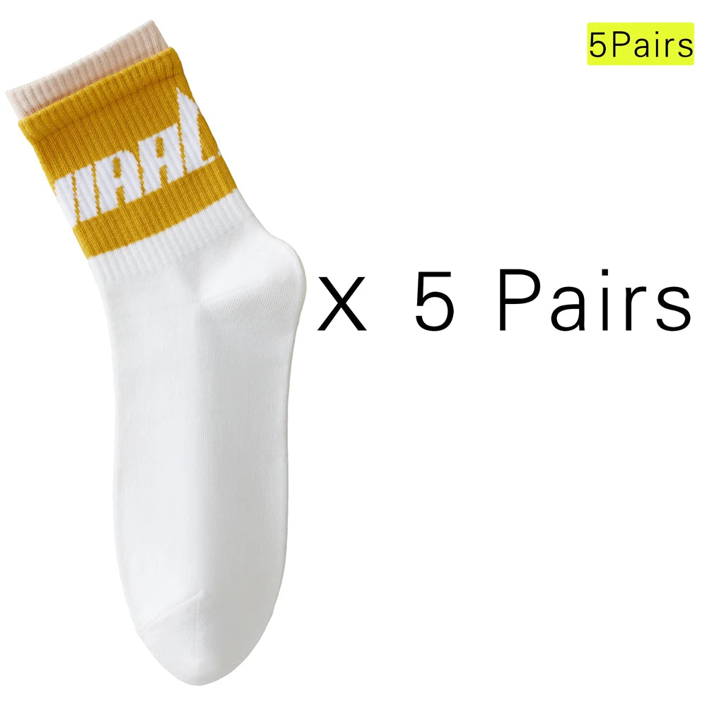 5 Pairs Colorful Breathable Cotton Mid Calf Athletic Socks