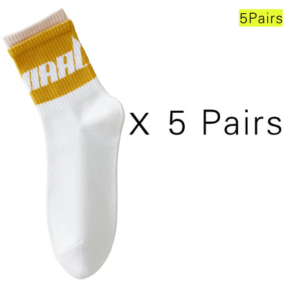 5 Pairs Colorful Breathable Cotton Mid Calf Athletic Socks