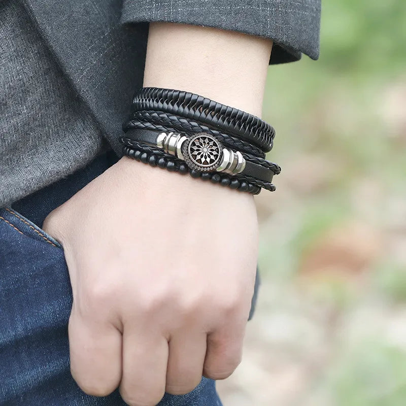 ZORCVENS Men's Handmade Braided Leather Bracelet Set - Vintage Black Punk Fashion Gift