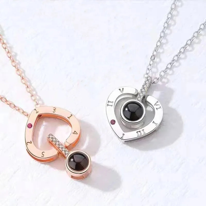Silver Heart Pendant Necklace with 100 Languages I Love You Engraving for Women Anniversary Gift