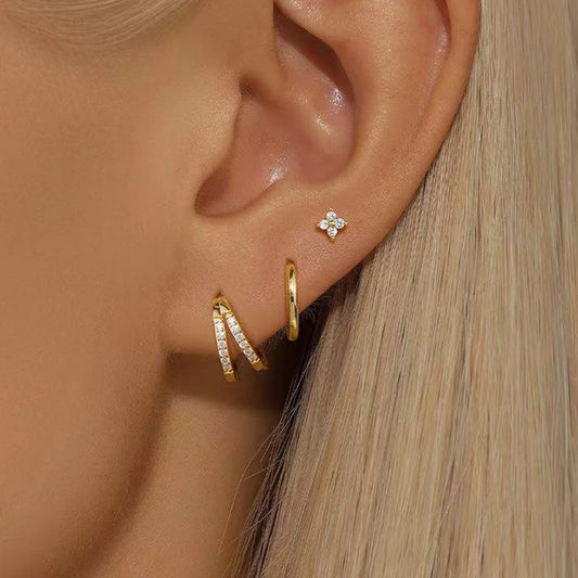 3PCS 18K Gold Plated Stainless Steel Zircon Flower Hoop Earrings Set for Women Trendy Wedding Jewelry