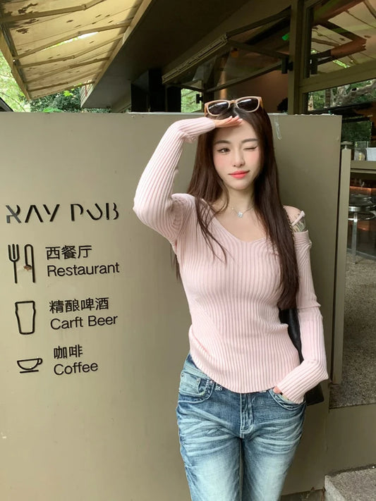 Pink Suspender V Neck Knit Sweater For Women 2025 Slim