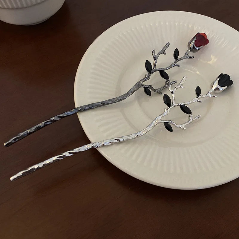 Vintage Rose Flower Crystal Hairpin Stick for Women Fashion Alloy Headwear