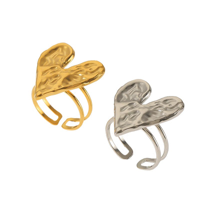 French Vintage Lava Texture Heart Ring 18K Gold Plated Stainless Steel Exaggerate Hammer Design for Women