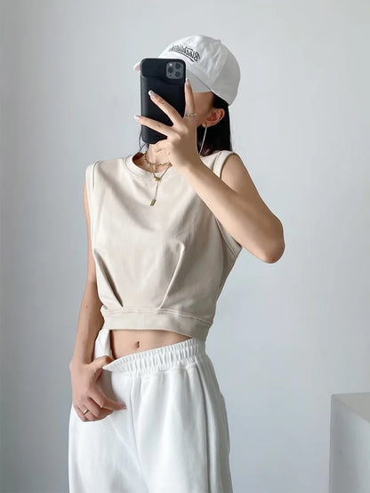 Dozw Women Solid Color Crop Tank Top O Neck Cotton Blend