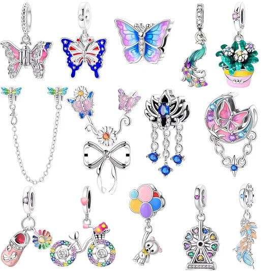 925 Sterling Silver Little Bear Butterfly Flower Fish Charms Beads for DIY Jewelry and Gift Bracelets