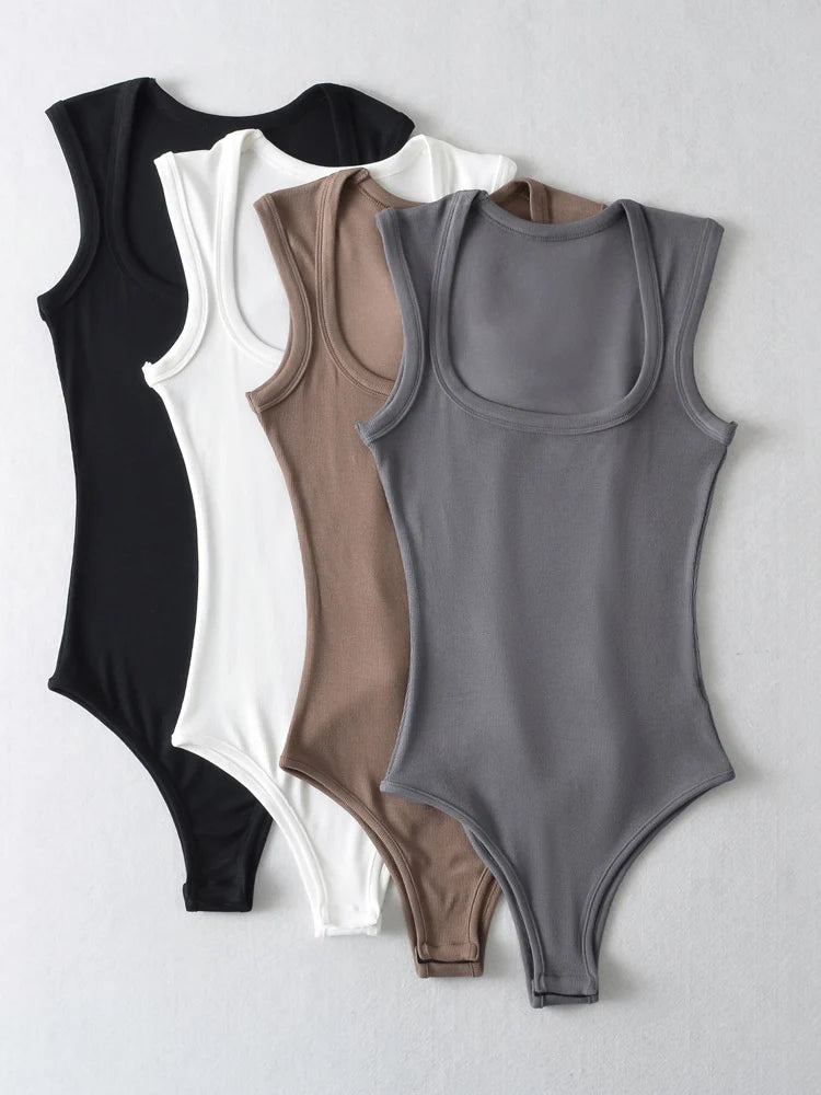 Ladies Slim Square Collar Retro Bodysuit Jumpsuit Backless