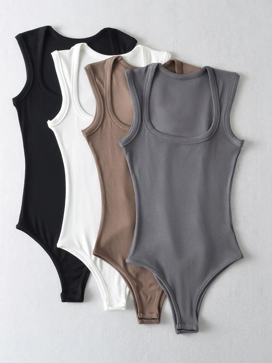 Ladies Slim Square Collar Retro Bodysuit Jumpsuit Backless