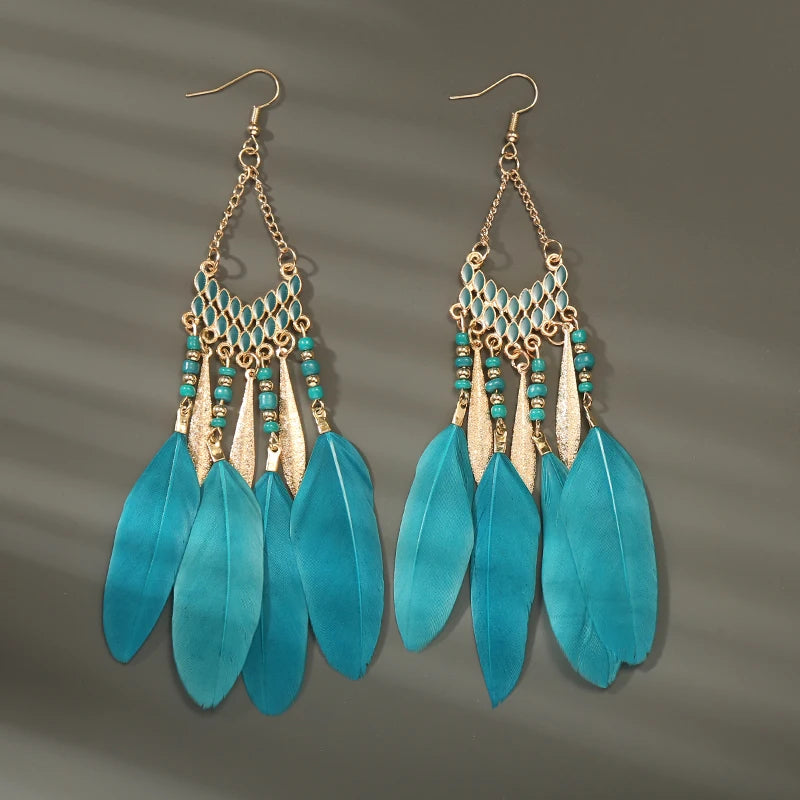 Bohemian Long Feather Drop Earrings with Tassel Beads and Enamel Flowers for Women