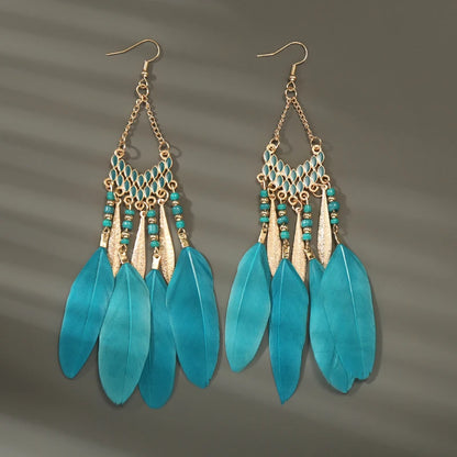 Bohemian Long Feather Drop Earrings with Tassel Beads and Enamel Flowers for Women