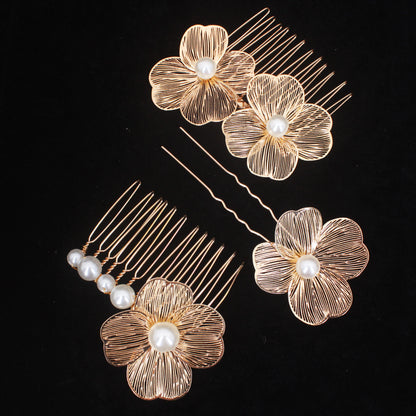 Bridal Bliss Flower Pearl Hair Comb Pins - 2PCS Wedding Accessories Comb Pin Gold