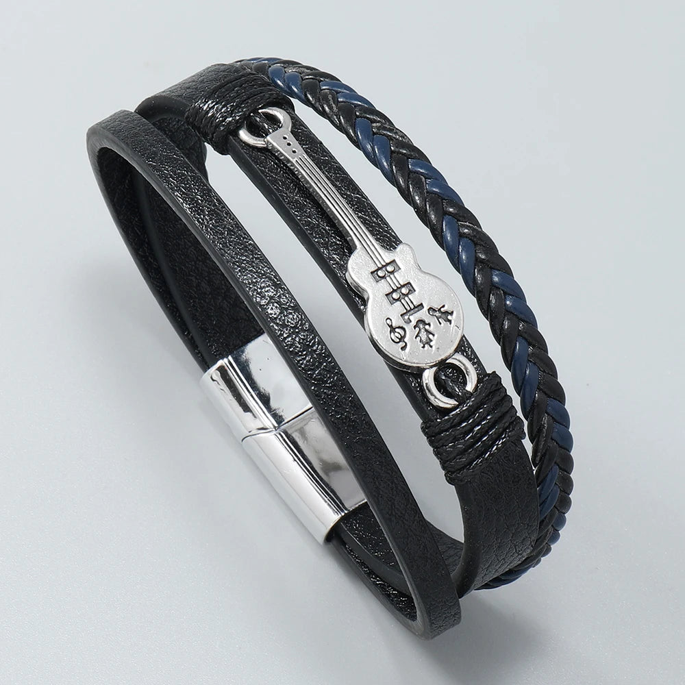 Men's Hip-Hop Rock Guitar Leather Bracelet Cuff Fashion Jewelry