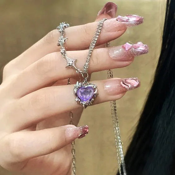 Y2K Purple Crystal Heart Pendant Necklace for Trendy Women AY5717201AY