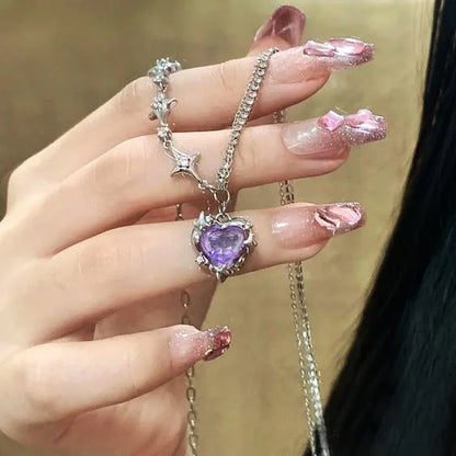 Y2K Purple Crystal Heart Pendant Necklace for Trendy Women AY5717201AY