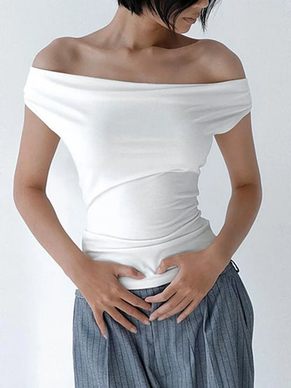 Women Summer Off Shoulder Crop Top Boat Neck Backless Slim