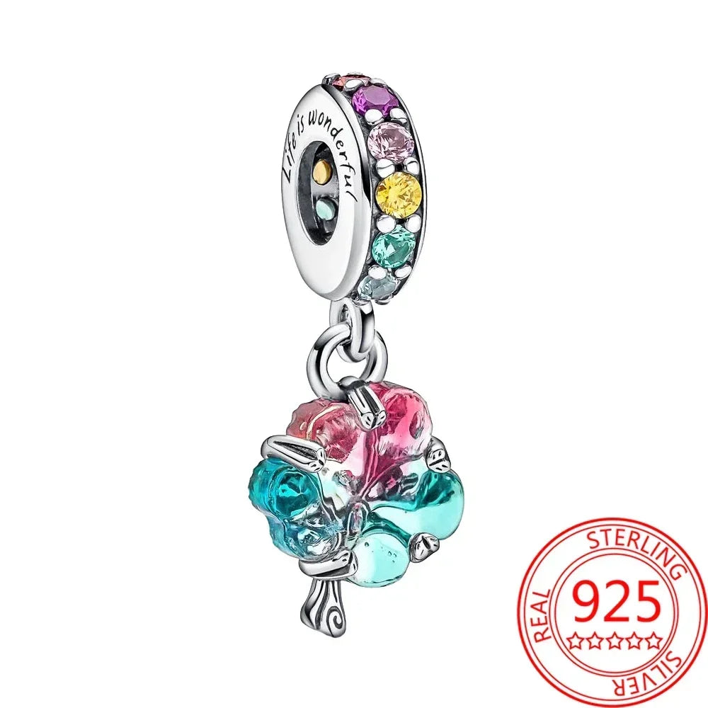 Sterling Silver Purple Murano Pansy Flower Dangle Charm for Women Bracelet and Necklace Jewelry Gift
