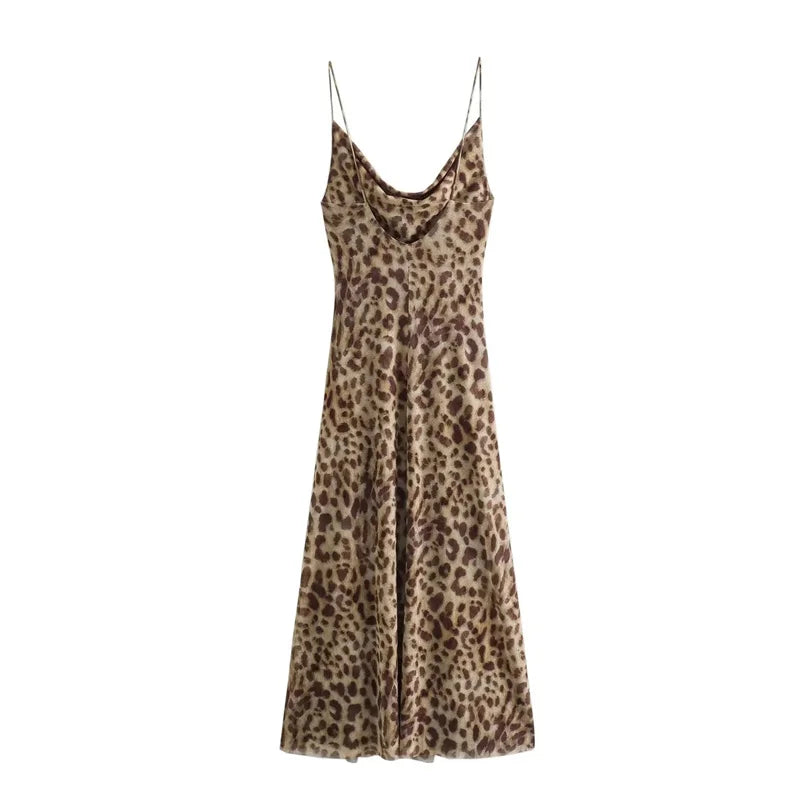 TRAF Leopard Print Long Dress Women Tulle Backless Slip Dress