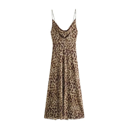 TRAF Leopard Print Long Dress Women Tulle Backless Slip Dress