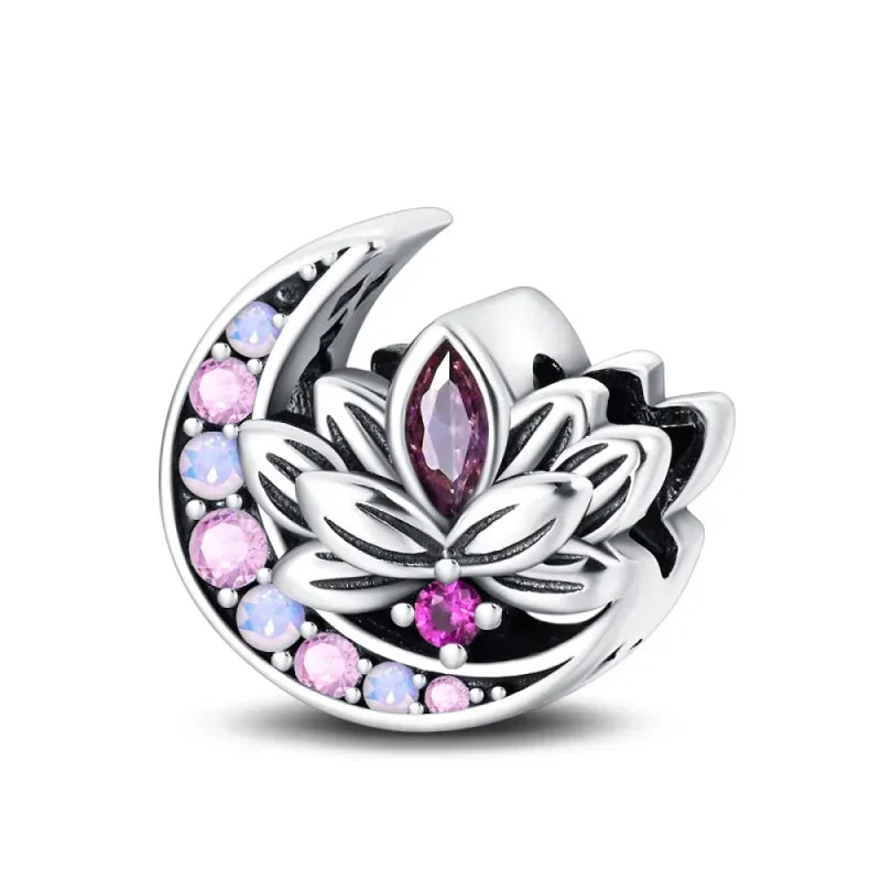 Sterling Silver Pink Blossom Dangle Charm with Butterfly Heart Flower Rose and Bird Bead for DIY Necklace and Bracelet Jewelry