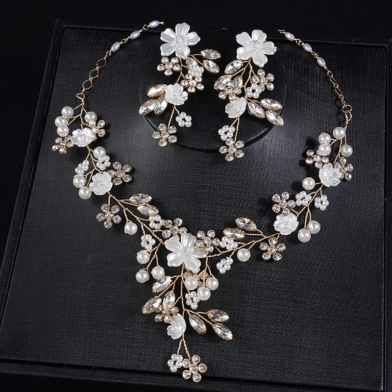 Wedding Elegance Rhinestone & Pearl Jewelry Set - Dangle Earrings & Adjustable Necklace for Women