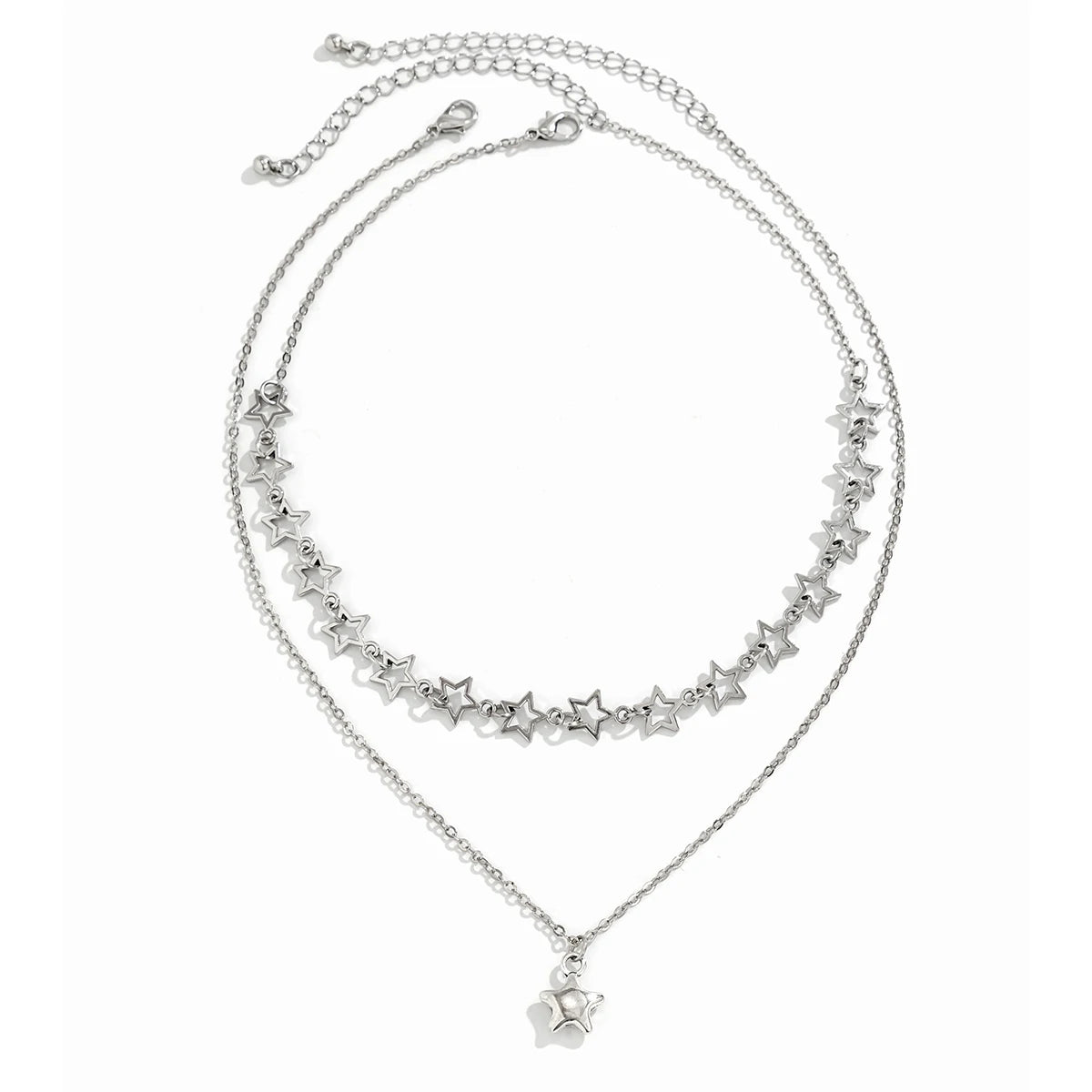 Stylish Punk Hollow Star Pendant Necklace Set for Women - Silver Metal Link Chain Choker by IngeSight.Z