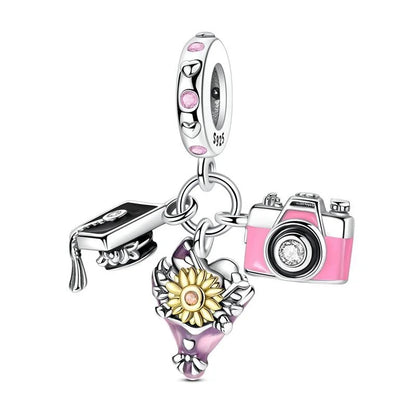 925 Sterling Silver Graduation Mortarboard Charm with Zircon Beads for DIY Bracelet Fine Jewelry Gift