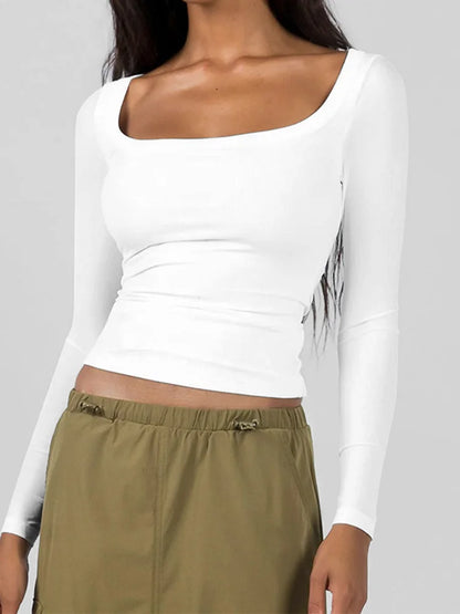 Dozw Women Square Neck Long Sleeve Top Solid Color Casual