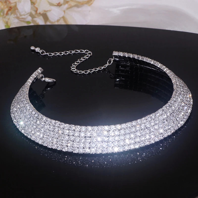 Luxury Round Rhinestone Jewelry Set for Women Classic Silver Necklace Bracelet and Earring Bridal Wedding Accessories