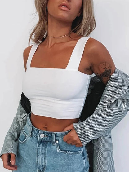 Square Neck Sleeveless Summer Crop Top White Cotton