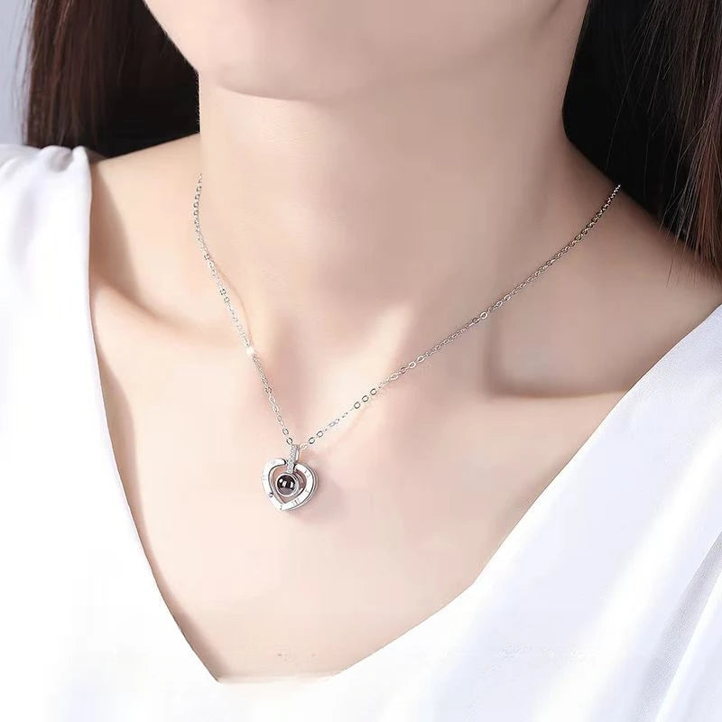Silver Heart Pendant Necklace with 100 Languages I Love You Engraving for Women Anniversary Gift