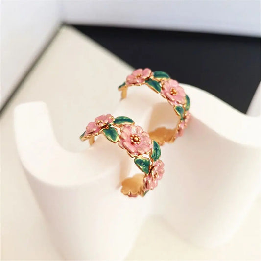 Rose Branch C-Shaped Drop Earrings for Women Romantic French Glaze Jewelry