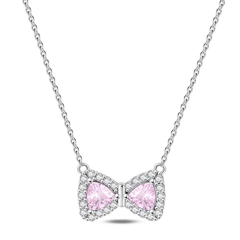 925 Sterling Silver Necklace with Pink Bow Heart Moon Butterfly Pendant Elegant Zircon Charm for Women Classic DIY Gift